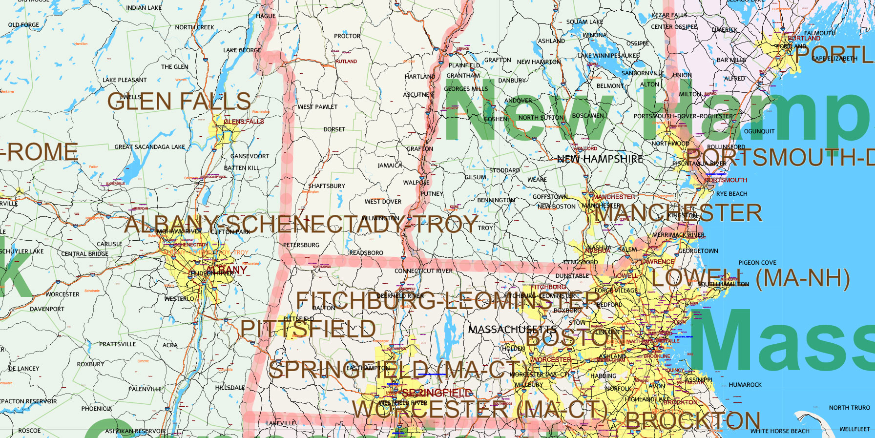 New England States US Map Vector Exact Extended High Detailed Road Map + Counties areas editable Adobe Illustrator in layers