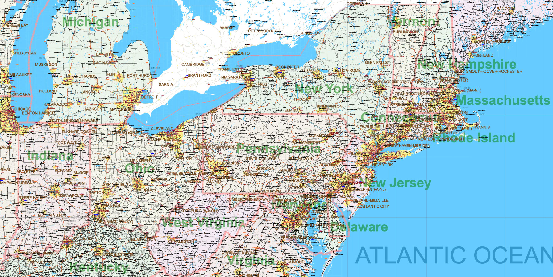 New England States US Map Vector Exact Extended High Detailed Road Map + Counties areas editable Adobe Illustrator in layers