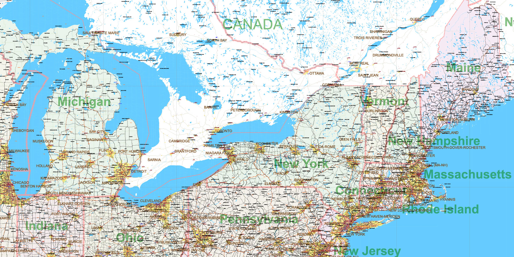 New England States US Map Vector Exact Extended High Detailed Road Map + Counties areas editable Adobe Illustrator in layers