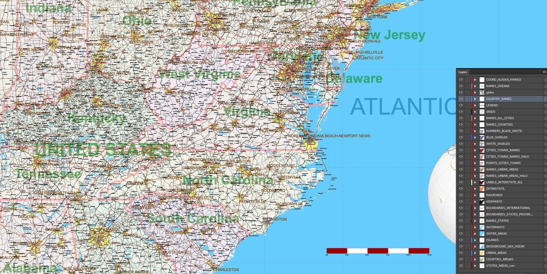 New England States US Map Vector Exact Extended High Detailed Road Map + Counties areas editable Adobe Illustrator in layers