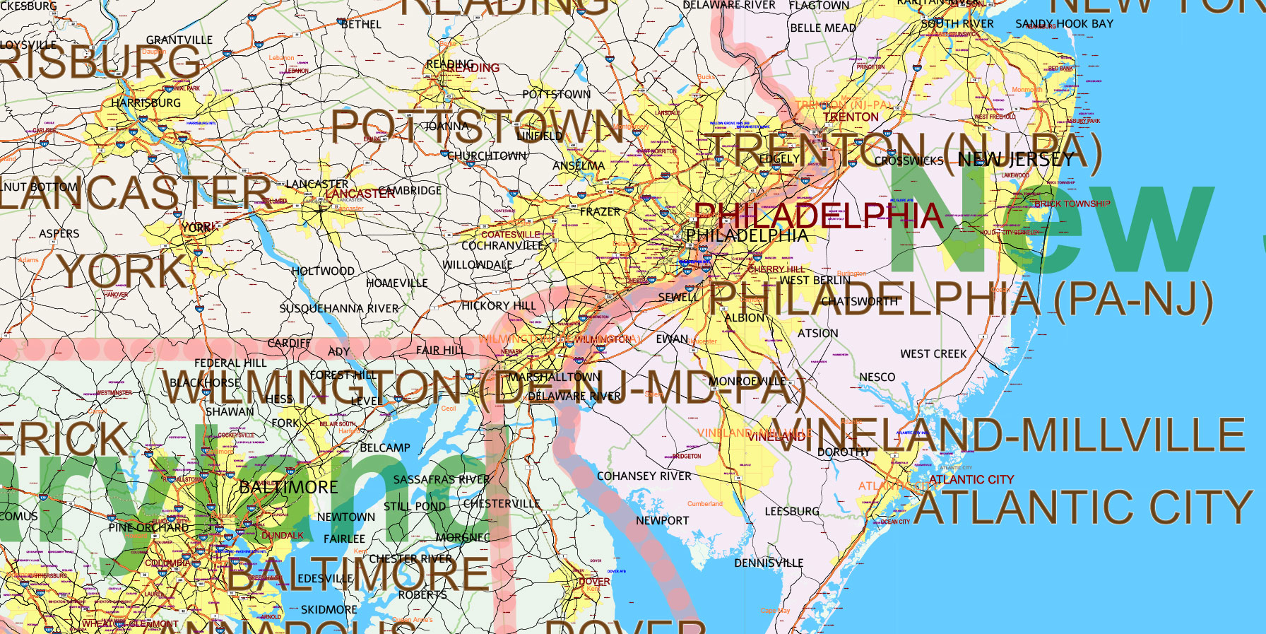 New England States US Map Vector Exact Extended High Detailed Road Map + Counties areas editable Adobe Illustrator in layers