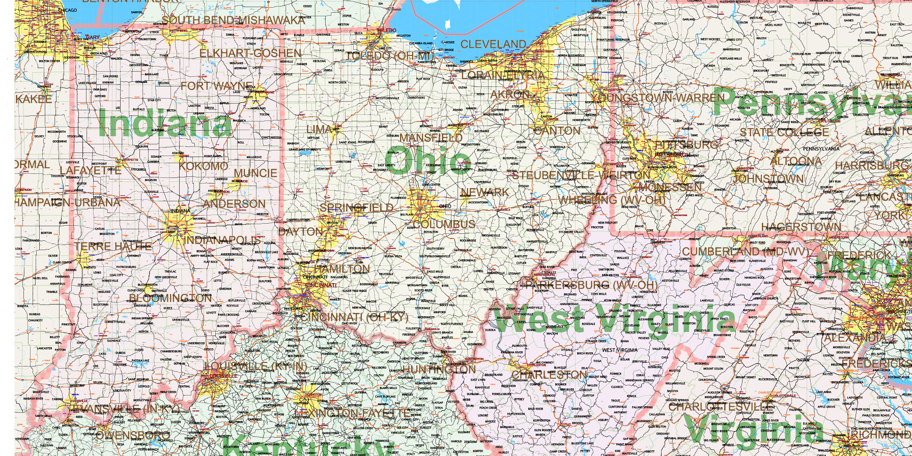 New England States US Map Vector Exact Extended High Detailed Road Map + Counties areas editable Adobe Illustrator in layers