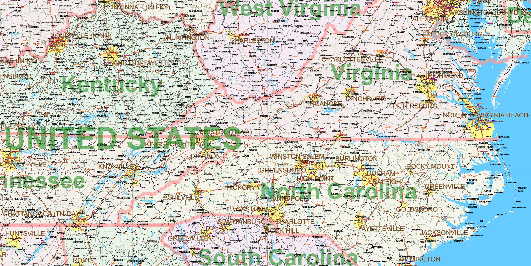 New England States US Map Vector Exact Extended High Detailed Road Map + Counties areas editable Adobe Illustrator in layers
