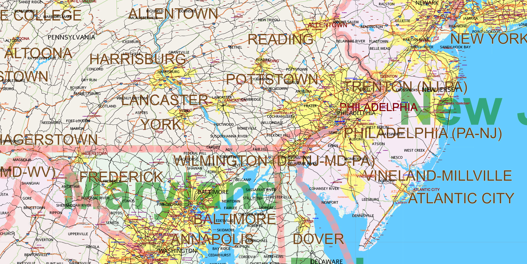 New England States US Map Vector Exact Extended High Detailed Road Map + Counties areas editable Adobe Illustrator in layers