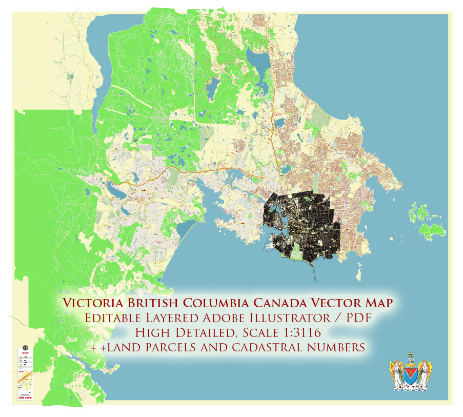Victoria British Columbia Canada Vector Map Exact High Detailed Street Map + land parcels + cadastral numbers editable Adobe Illustrator in layers
