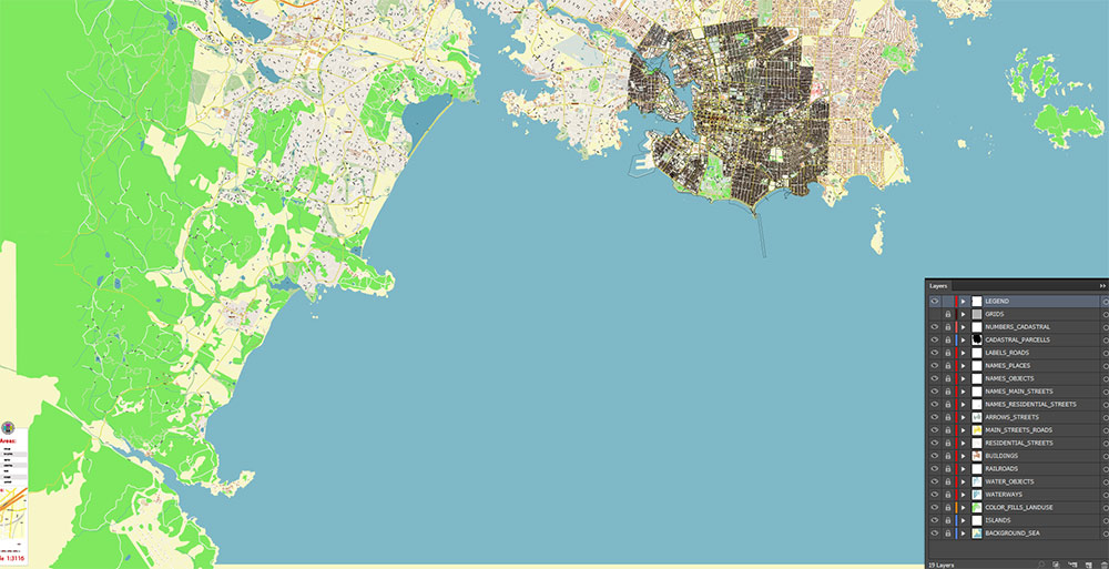 Victoria British Columbia Canada Vector Map Exact High Detailed Street Map + land parcels + cadastral numbers editable Adobe Illustrator in layers