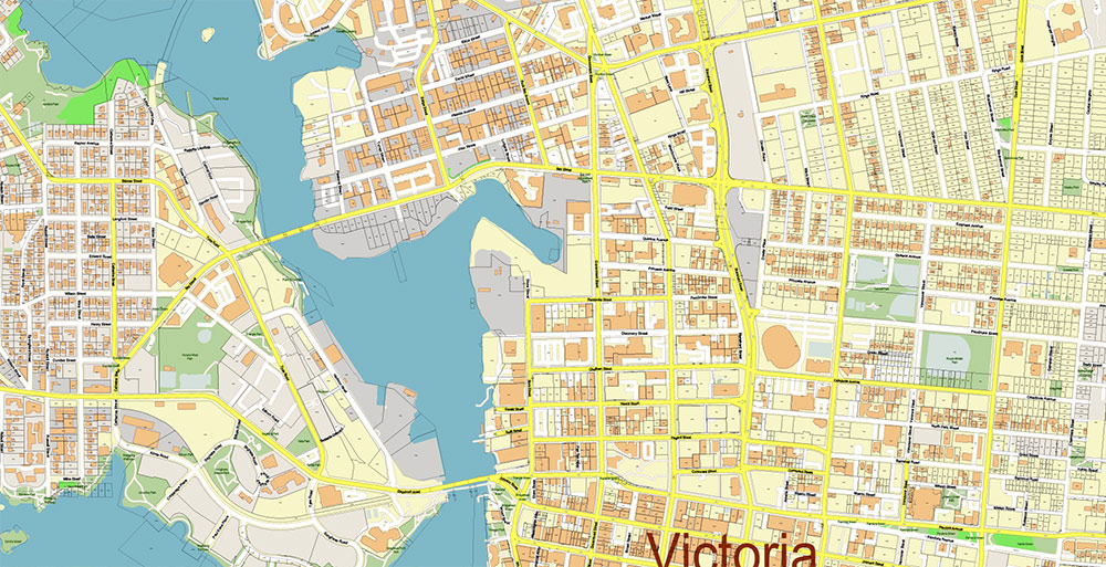 Victoria British Columbia Canada Vector Map Exact High Detailed Street Map + land parcels + cadastral numbers editable Adobe Illustrator in layers