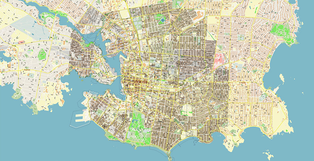 Victoria British Columbia Canada Vector Map Exact High Detailed Street Map + land parcels + cadastral numbers editable Adobe Illustrator in layers