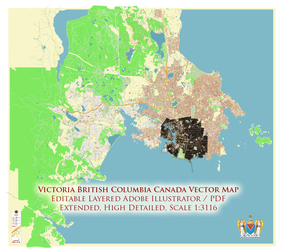 Victoria British Columbia Canada Vector Map Exact Extended High Detailed Street Map + land parcels + cadastral numbers editable Adobe Illustrator in layers