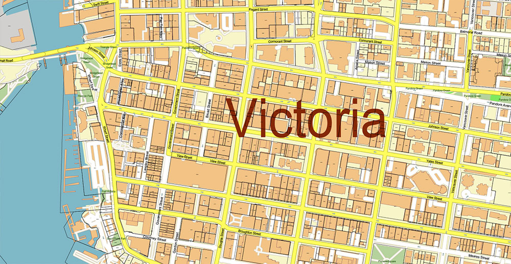 Victoria British Columbia Canada Vector Map Exact Extended High Detailed Street Map + land parcels + cadastral numbers editable Adobe Illustrator in layers