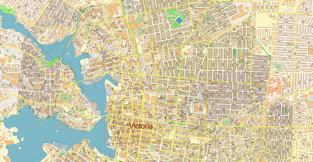 Victoria British Columbia Canada Vector Map Exact Extended High Detailed Street Map + land parcels + cadastral numbers editable Adobe Illustrator in layers