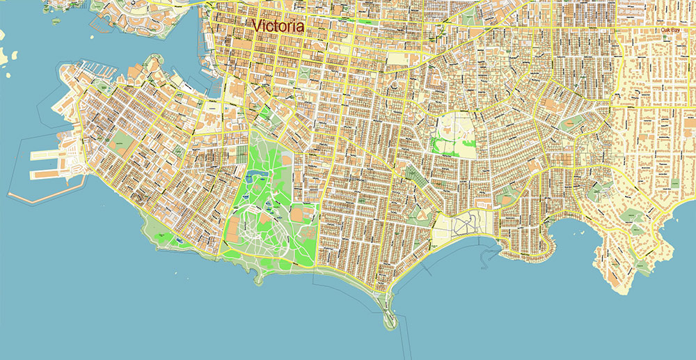 Victoria British Columbia Canada Vector Map Exact Extended High Detailed Street Map + land parcels + cadastral numbers editable Adobe Illustrator in layers