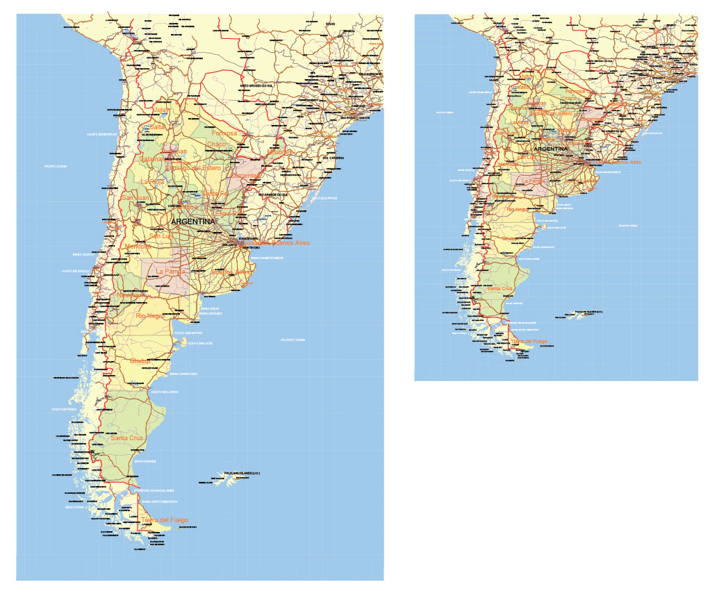 Argentina Map Vector Exact Low Detailed Road & Admin Map editable Adobe Illustrator and PDF in layers in 1 archive