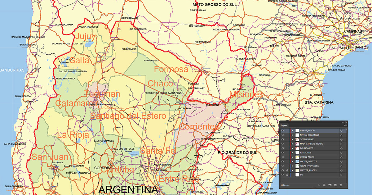 Argentina Map Vector Exact Low Detailed Road & Admin Map editable Adobe Illustrator and PDF in layers in 1 archive
