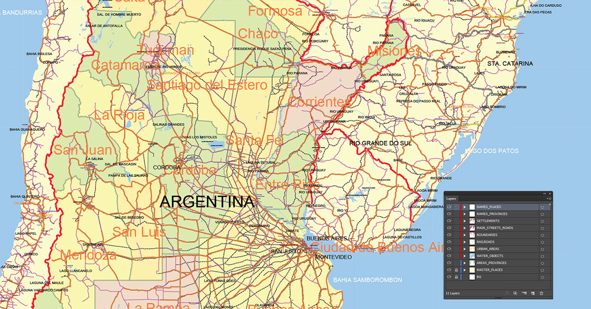 Argentina Map Vector Exact Low Detailed Road & Admin Map editable Adobe Illustrator and PDF in layers in 1 archive
