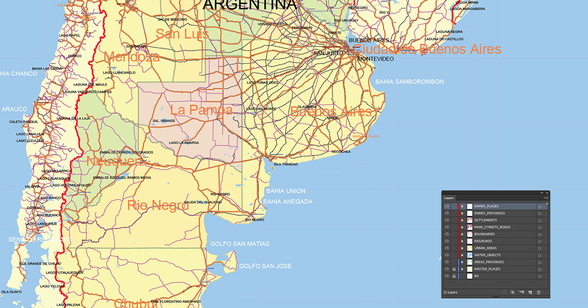 Argentina Map Vector Exact Low Detailed Road & Admin Map editable Adobe Illustrator and PDF in layers in 1 archive