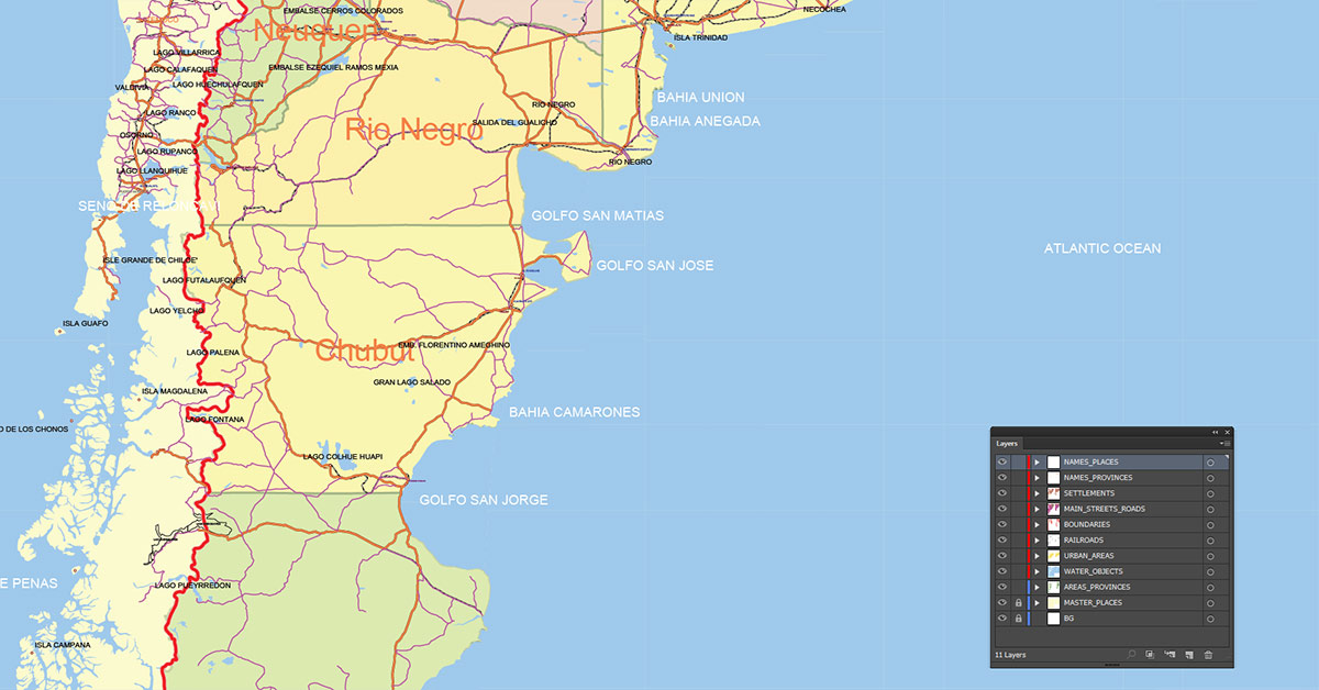 Argentina Map Vector Exact Low Detailed Road & Admin Map editable Adobe Illustrator and PDF in layers in 1 archive