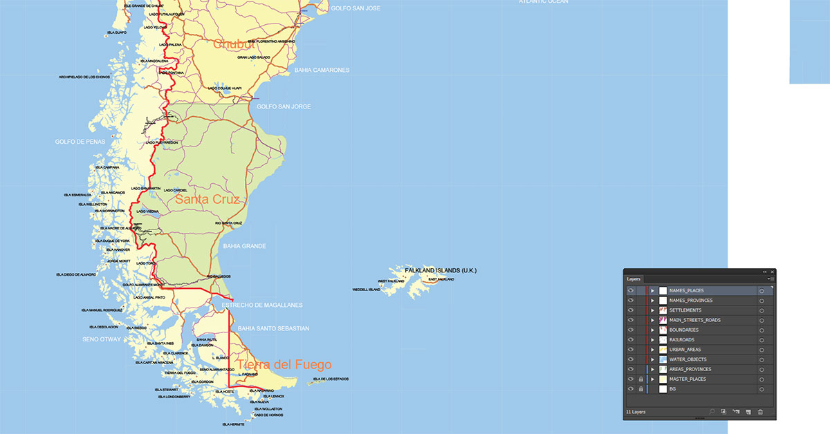 Argentina Map Vector Exact Low Detailed Road & Admin Map editable Adobe Illustrator and PDF in layers in 1 archive