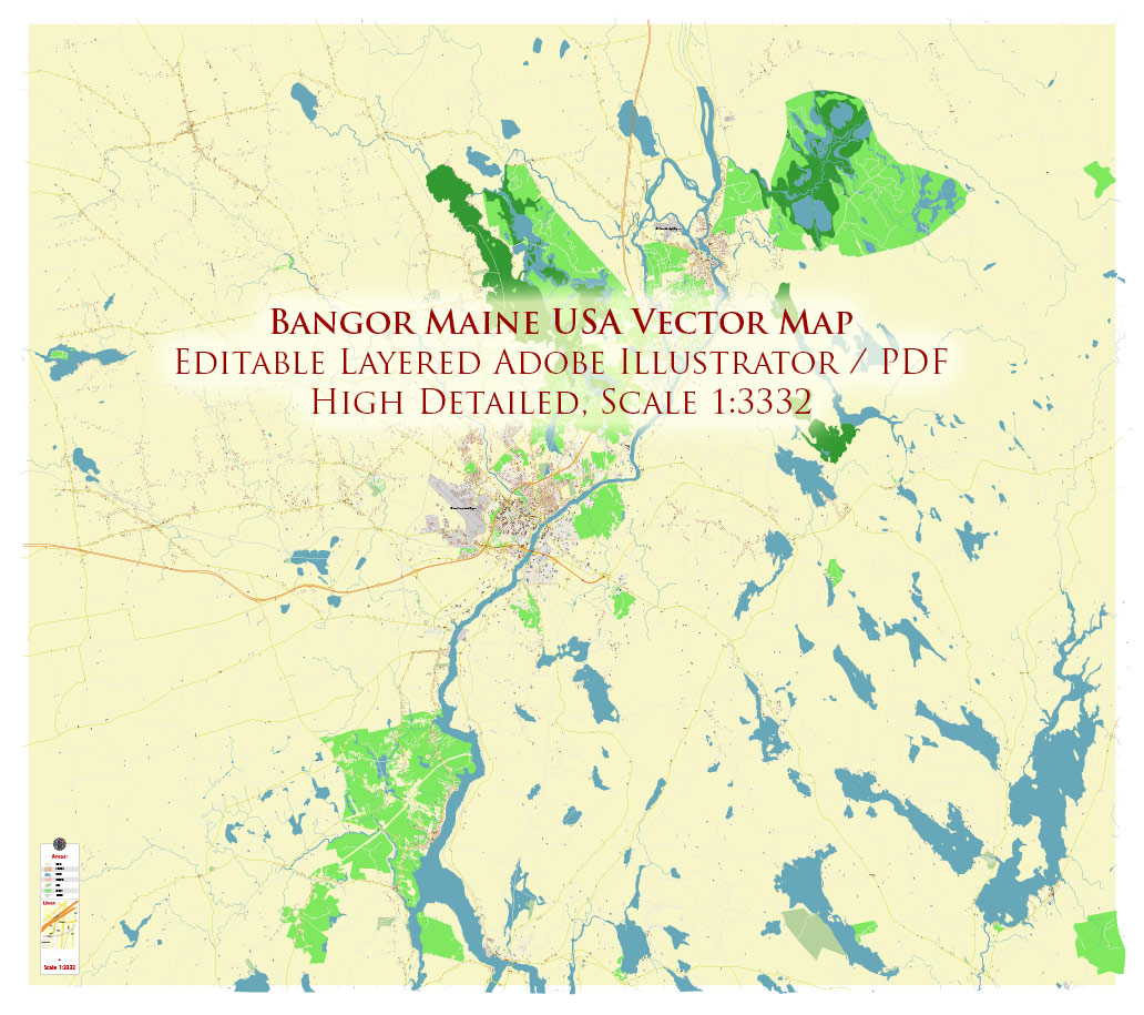 Bangor Maine USA Vector Map Exact High Detailed Street Map editable Adobe Illustrator in layers