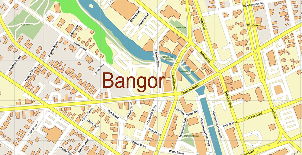 Bangor Maine USA Vector Map Exact High Detailed Street Map editable Adobe Illustrator in layers