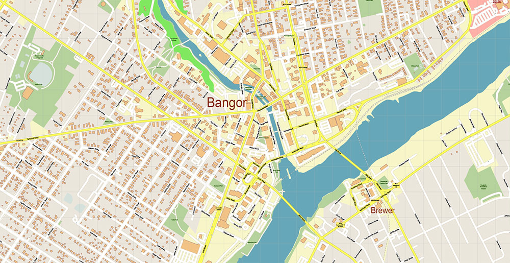 Bangor Maine USA Vector Map Exact High Detailed Street Map editable Adobe Illustrator in layers