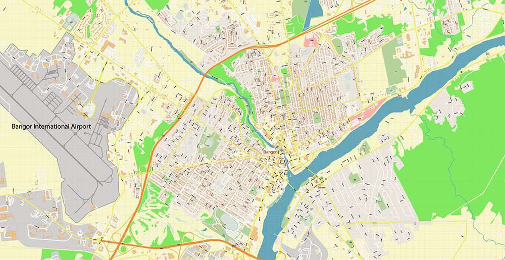Bangor Maine USA Vector Map Exact High Detailed Street Map editable Adobe Illustrator in layers