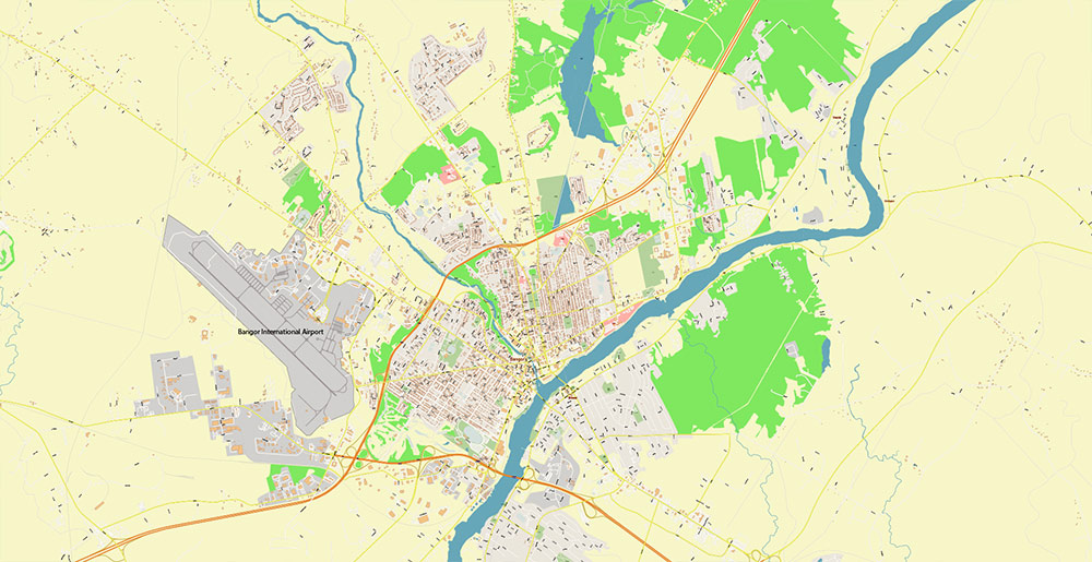 Bangor Maine USA Vector Map Exact High Detailed Street Map editable Adobe Illustrator in layers