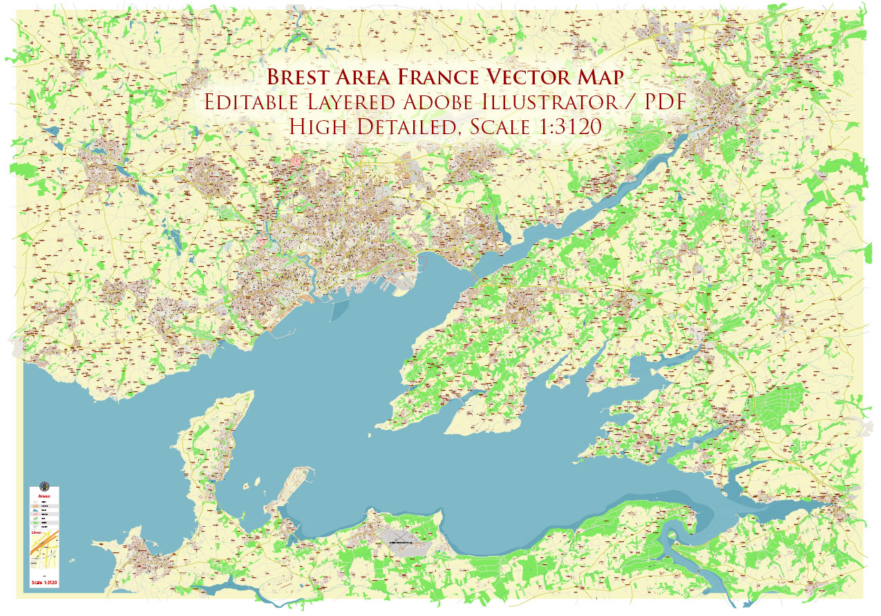 Brest Area France Vector Map Exact High Detailed Street Map editable Adobe Illustrator in layers