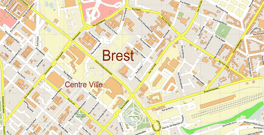 Brest Area France Vector Map Exact High Detailed Street Map editable Adobe Illustrator in layers