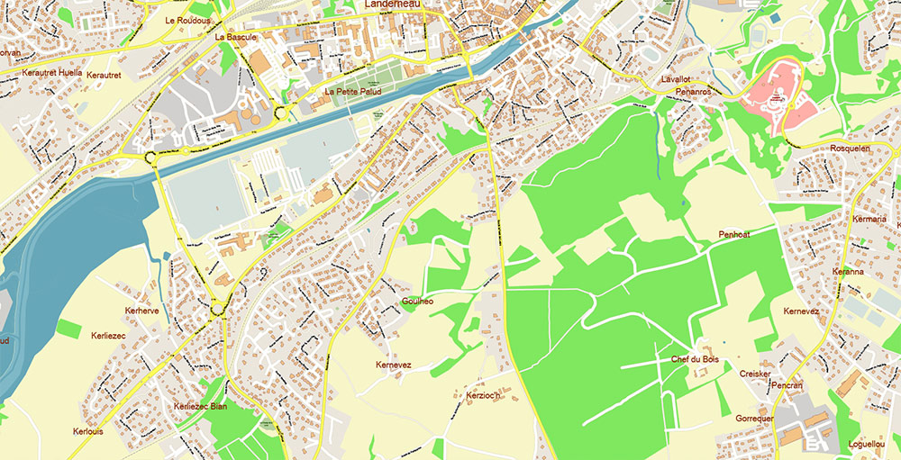 Brest Area France Vector Map Exact High Detailed Street Map editable Adobe Illustrator in layers
