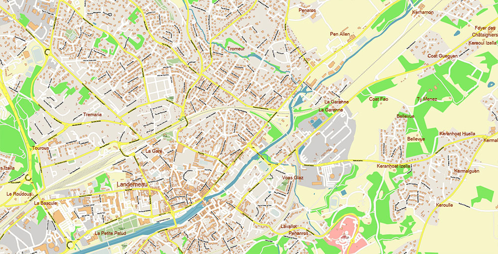 Brest Area France Vector Map Exact High Detailed Street Map editable Adobe Illustrator in layers