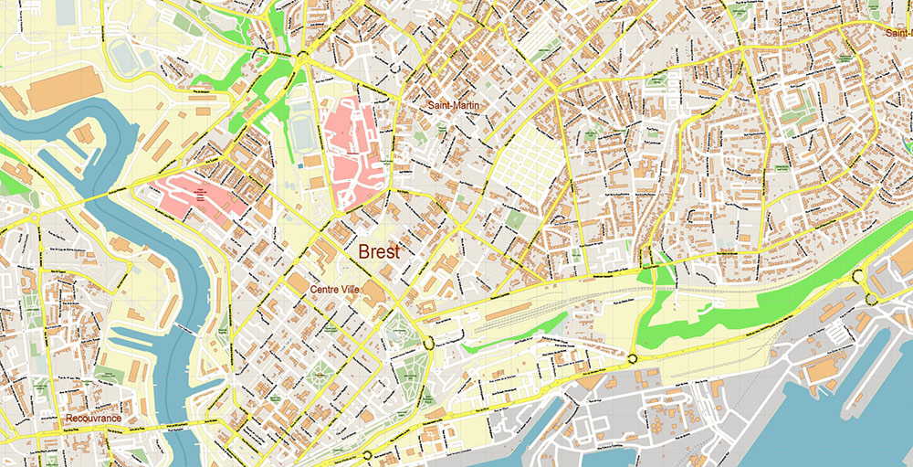 Brest Area France Vector Map Exact High Detailed Street Map editable Adobe Illustrator in layers