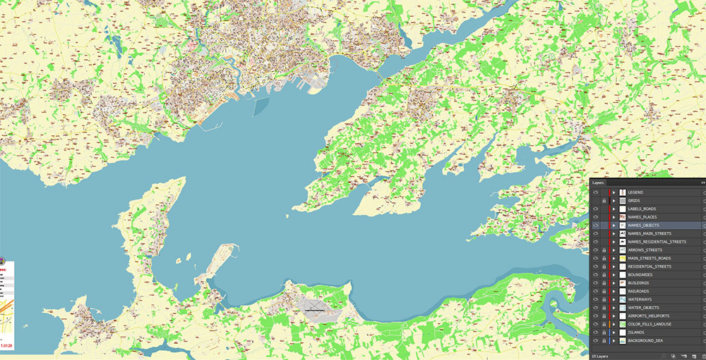 Brest Area France Vector Map Exact High Detailed Street Map editable Adobe Illustrator in layers