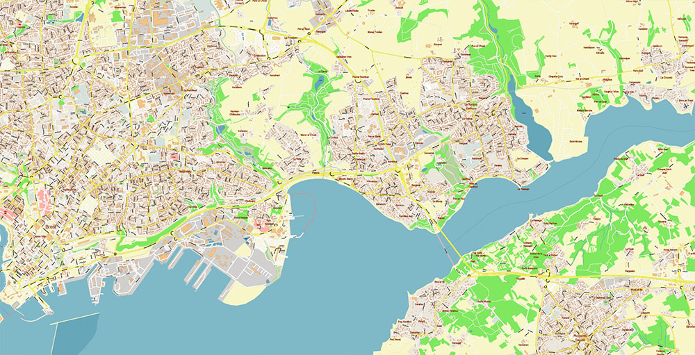 Brest Area France Vector Map Exact High Detailed Street Map editable Adobe Illustrator in layers