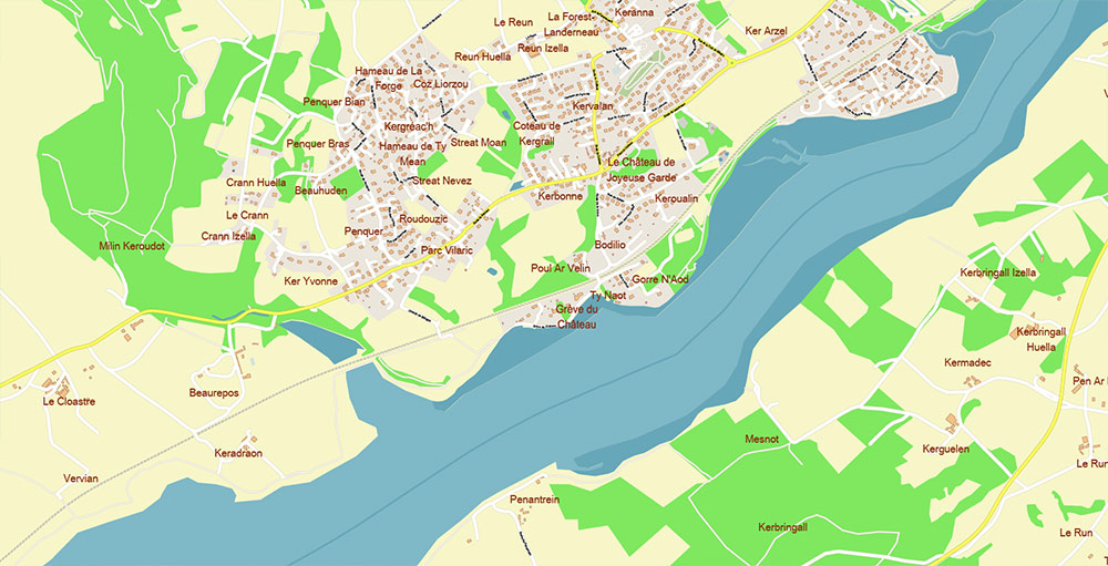 Brest Area France Vector Map Exact High Detailed Street Map editable Adobe Illustrator in layers