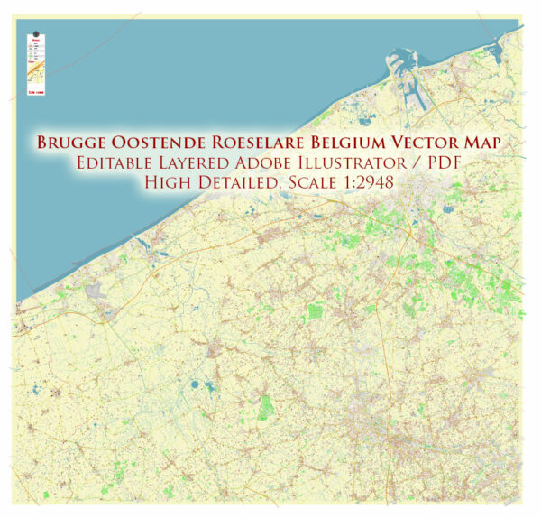 Brugge Oostende Roeselare Belgium Vector Map Exact High Detailed Street Map editable Adobe Illustrator in layers