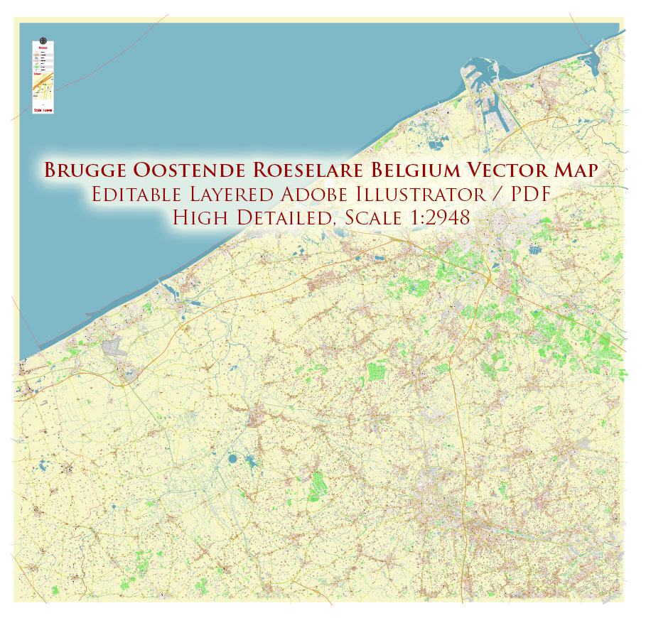 Brugge Oostende Roeselare Belgium Vector Map Exact High Detailed Street Map editable Adobe Illustrator in layers