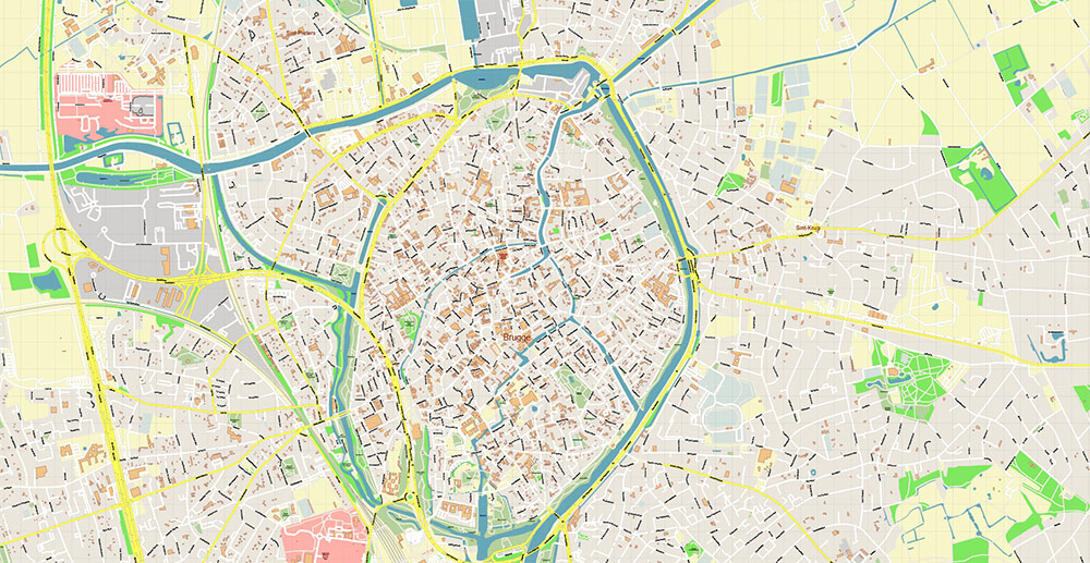 Brugge Oostende Roeselare Belgium Vector Map Exact High Detailed Street Map editable Adobe Illustrator in layers