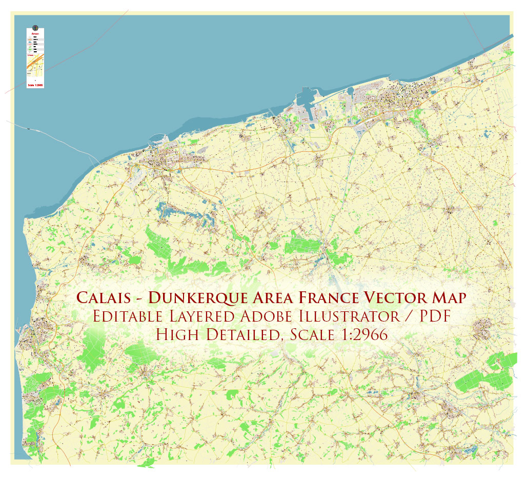 Calais and Dunkerque France Vector Map Exact High Detailed Street Map editable Adobe Illustrator in layers