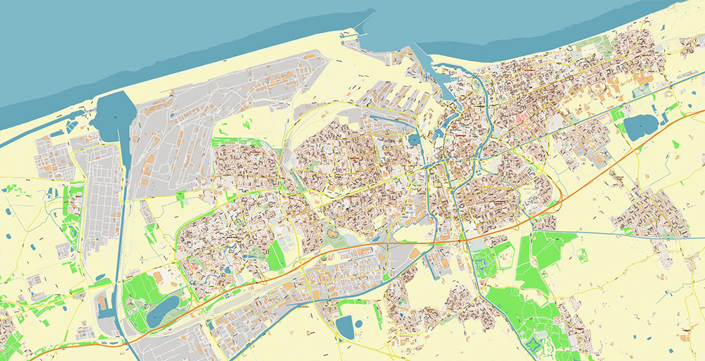 Calais and Dunkerque France Vector Map Exact High Detailed Street Map editable Adobe Illustrator in layers
