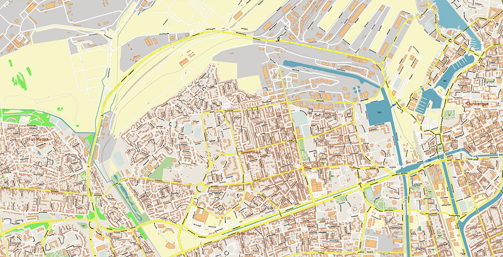 Calais and Dunkerque France Vector Map Exact High Detailed Street Map editable Adobe Illustrator in layers