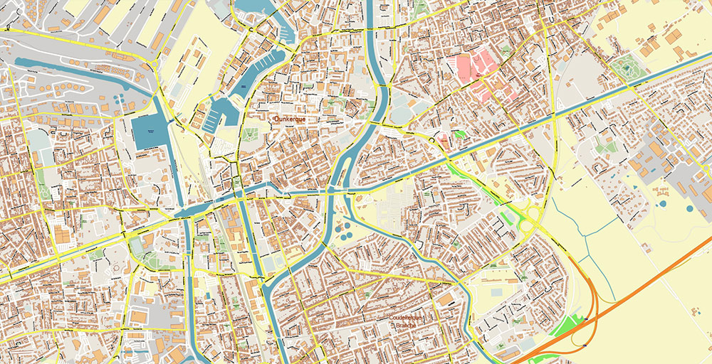 Calais and Dunkerque France Vector Map Exact High Detailed Street Map editable Adobe Illustrator in layers