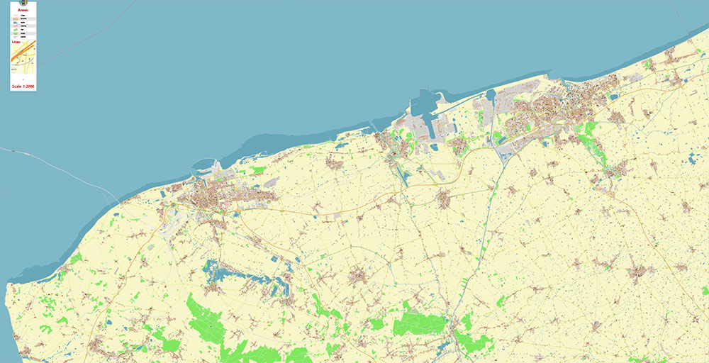 Calais and Dunkerque France Vector Map Exact High Detailed Street Map editable Adobe Illustrator in layers