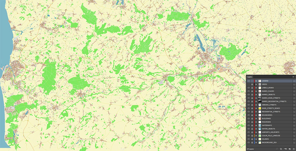 Calais and Dunkerque France Vector Map Exact High Detailed Street Map editable Adobe Illustrator in layers