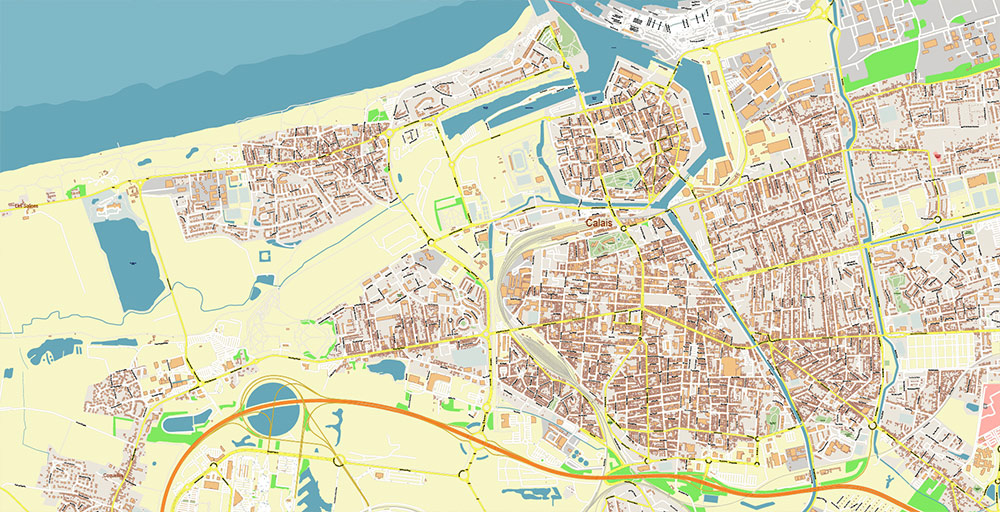 Calais and Dunkerque France Vector Map Exact High Detailed Street Map editable Adobe Illustrator in layers