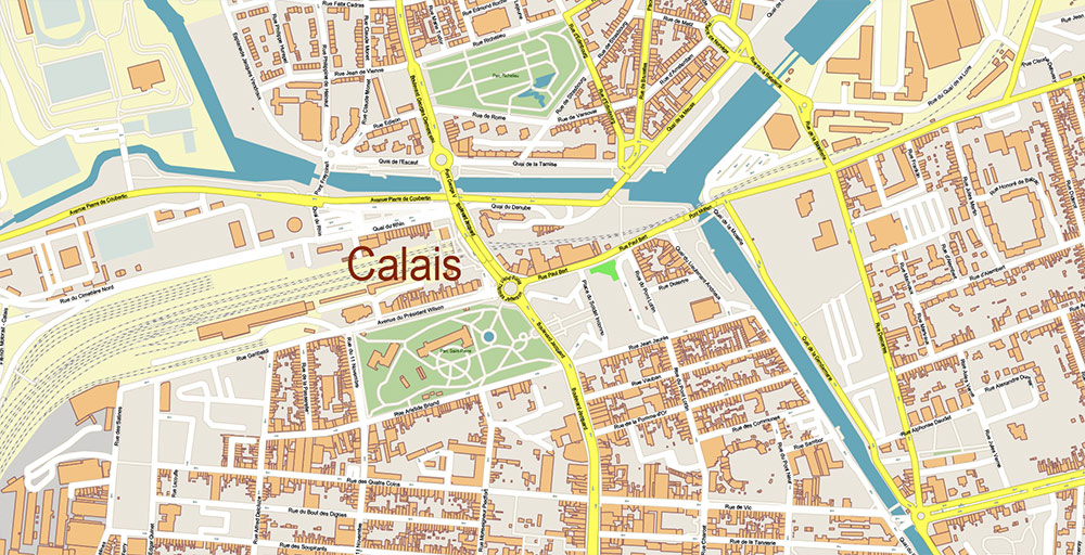 Calais and Dunkerque France Vector Map Exact High Detailed Street Map editable Adobe Illustrator in layers