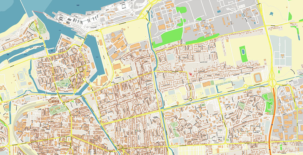 Calais and Dunkerque France Vector Map Exact High Detailed Street Map editable Adobe Illustrator in layers