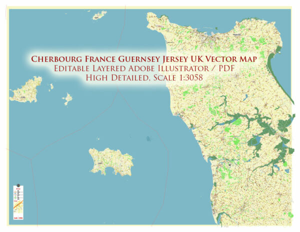 Cherbourg France Guernsey Jersey UK Vector Map Exact High Detailed Street Map editable Adobe Illustrator in layers Cherbourg France Guernsey Jersey UK Vector Map Exact High Detailed Street Map editable Adobe Illustrator in layers