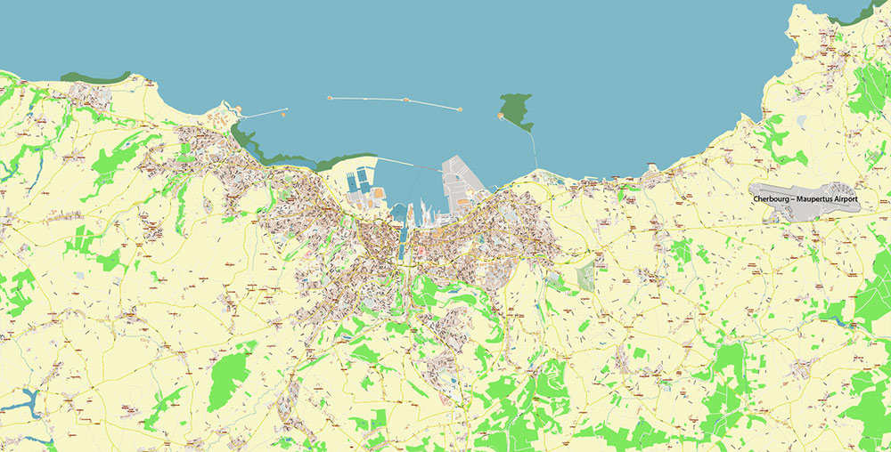 Cherbourg France Guernsey Jersey UK Vector Map Exact High Detailed Street Map editable Adobe Illustrator in layers