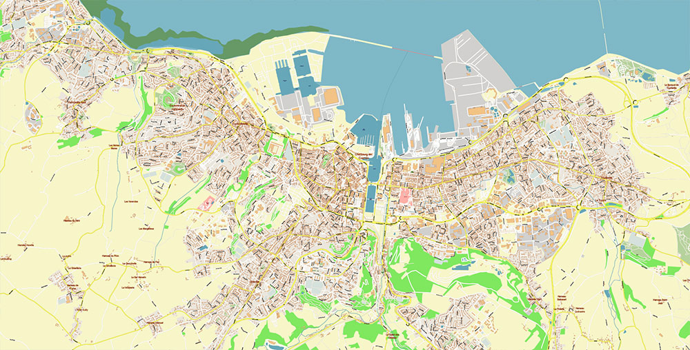 Cherbourg France Guernsey Jersey UK Vector Map Exact High Detailed Street Map editable Adobe Illustrator in layers